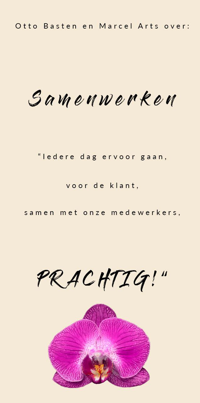 Quote:Eigenaren Kwekerij De Molenhoek, Otto Basten en Marcel Arts: Samenwerken, iedere dag er voor  gaan, samen met onze medewerkers, PRACHTIG!